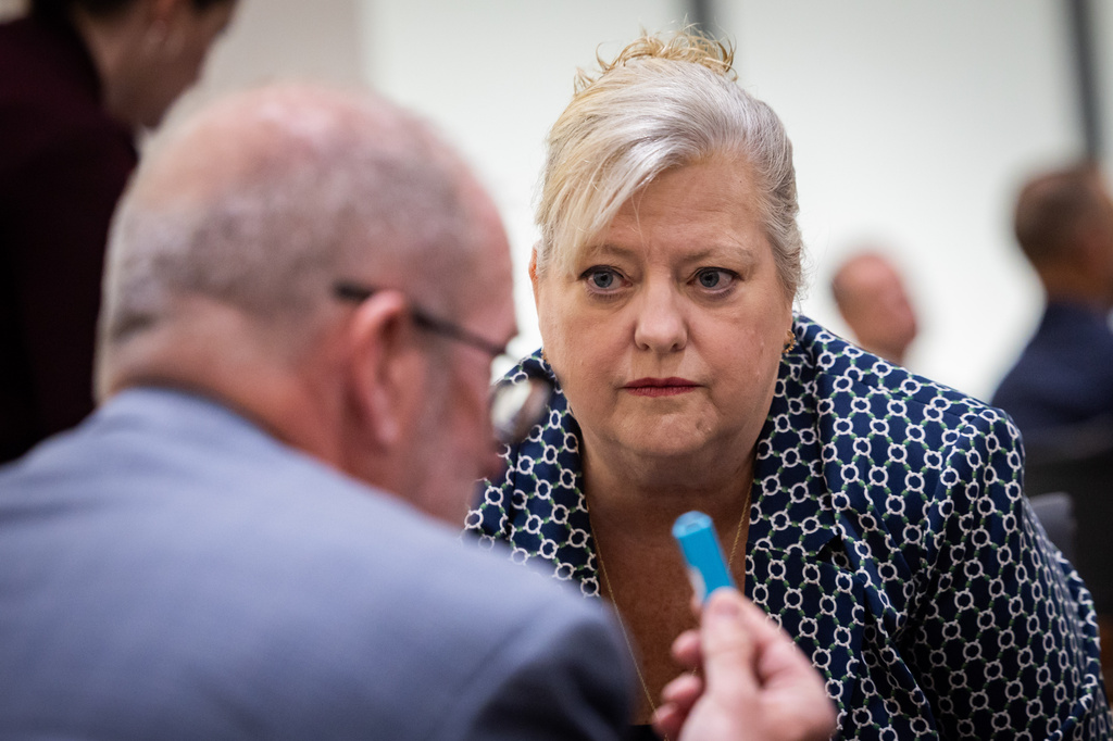 Defense attorney Kathryn Nester, right, speaks to Utah County Attorney's Office prosecutor David Sturgill, left, during a preliminary hearing for Tyler Robinson, the Utah man accused of fatally shooting Charlie Kirk, at the 4th District Court in Provo, Utah, Wednesday, July 8, 2026. (Tess Crowley/The Deseret News via AP)