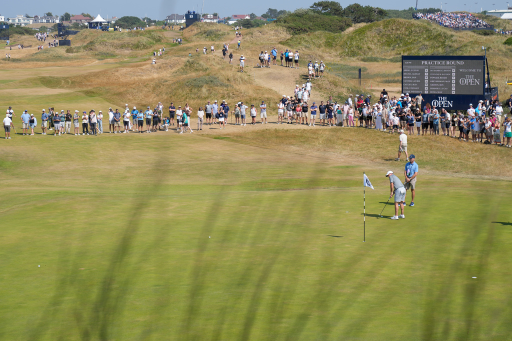 Rory McIlroy of Northern Ireland putts on the 10th green during a practice round for the British Open Golf championships at Royal Birkdale golf club, in Southport, England, Wednesday, July 15, 2026. (AP Photo/David Goldman)