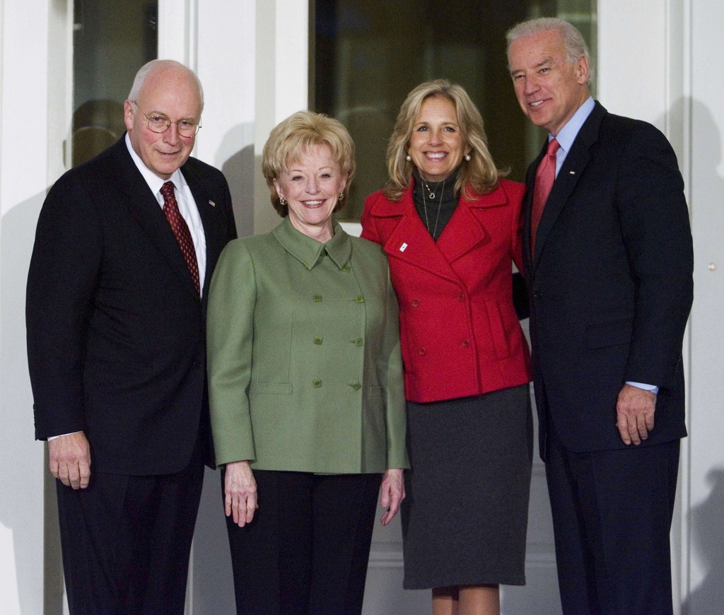 FILE- Vice President Dick Cheney and wife Lynne Cheney, welcome Vice President-elect Joe Biden, right, and his wife Jill Biden in the Vice President's official residence at the Naval Observatory, Thursday, Nov. 13, 2008, in Washington. (AP Photo/Manuel Balce Ceneta, file)