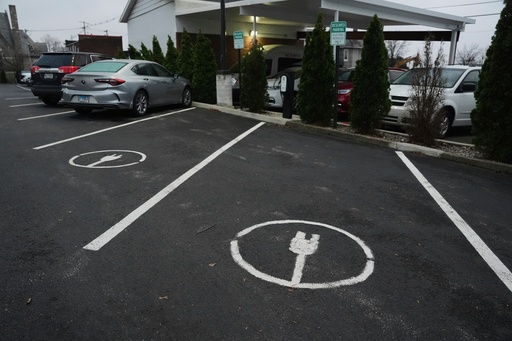 FILE - Electric vehicle parking spots sit near charging stations April 11, 2025, in Evansville, Ind. (AP Photo/Joshua A. Bickel, File) FILE - Electric vehicle parking spots sit near charging stations April 11, 2025, in Evansville, Ind. (AP Photo/Joshua A. Bickel, File)