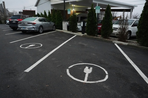 FILE - Electric vehicle parking spots sit near charging stations April 11, 2025, in Evansville, Ind. (AP Photo/Joshua A. Bickel, File) FILE - Electric vehicle parking spots sit near charging stations April 11, 2025, in Evansville, Ind. (AP Photo/Joshua A. Bickel, File)