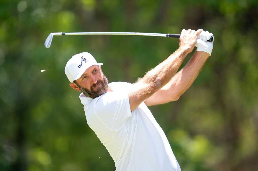 4Aces GC captain Dustin Johnson of hits his shot from the eighth tee during the third round of LIV Golf Mexico City tournament, Saturday, April 18, 2026 in Naucalpan, Mexico. (Mateo Villalba/LIV Golf via AP)