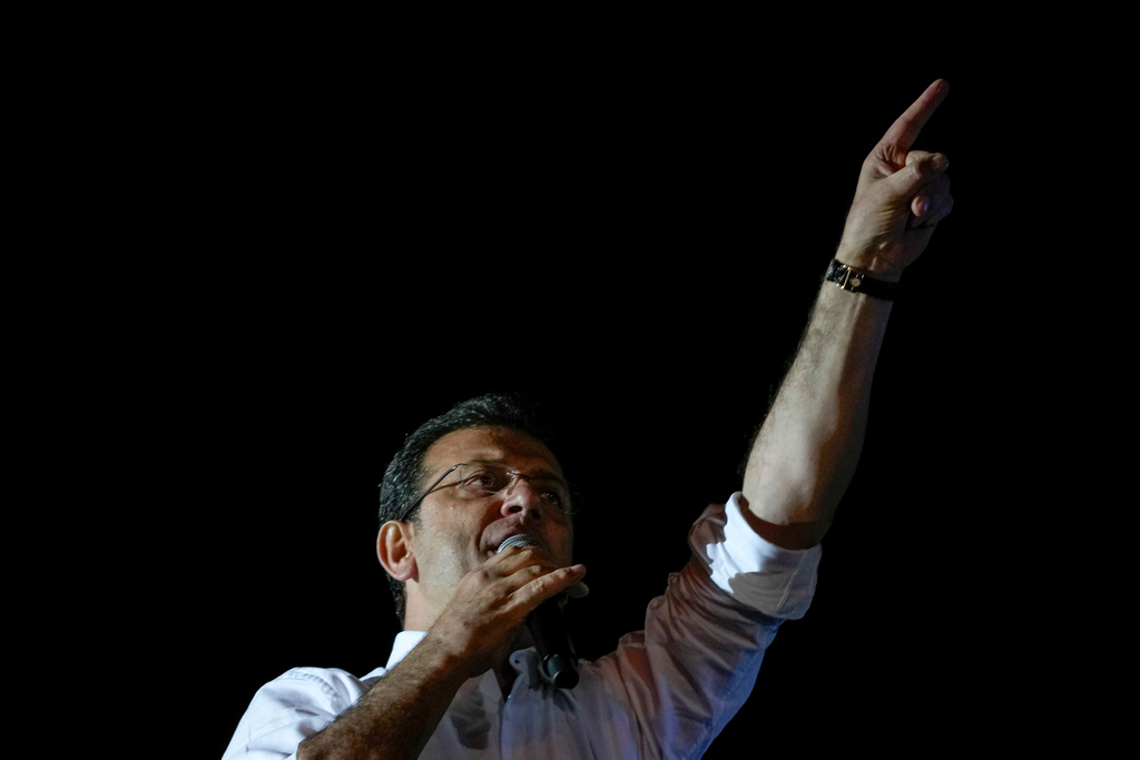 FILE - Istanbul Mayor and Republican People's Party, or CHP, candidate Ekrem Imamoglu addresses supporters outside the City Hall in Istanbul, Turkey, early Monday, April 1, 2024. (AP Photo/Khalil Hamra, File)