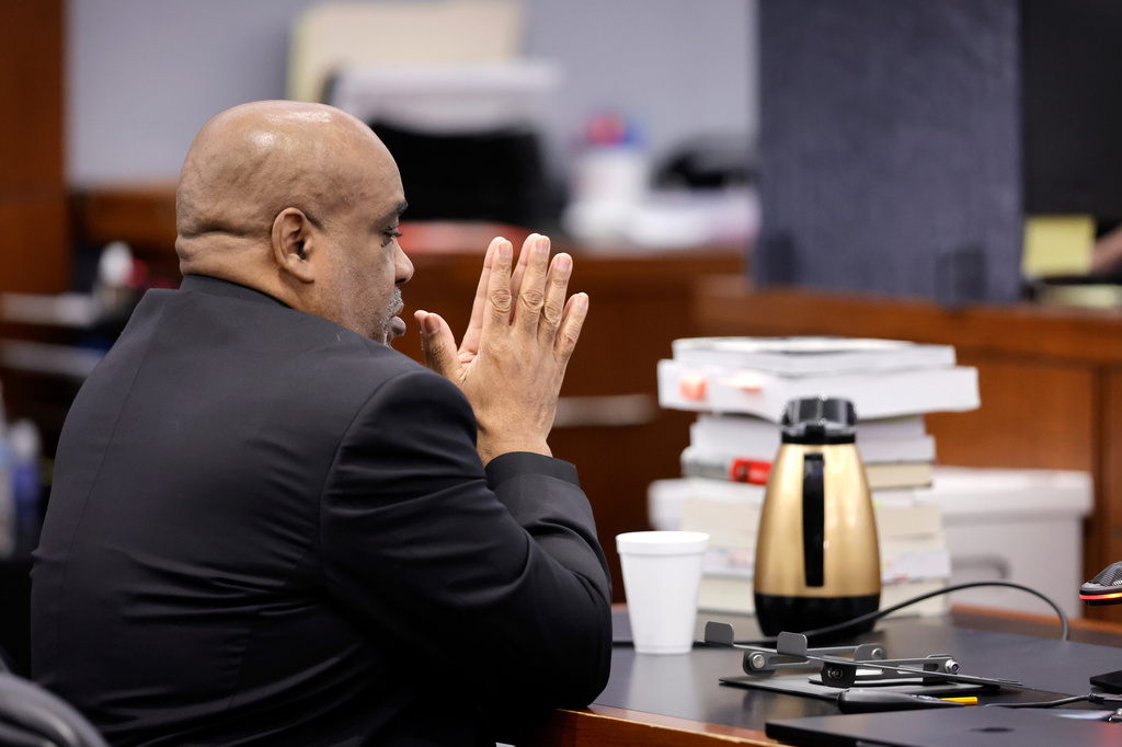 Duane Davis listens to closing arguments in the his murder trial, related to the 1996 killing of rapper Tupac Shakur, in Clark County District Court at the Regional Justice Center in Las Vegas, Monday, Aug. 31, 2026. (Steve Marcus/Pool Photo via AP)