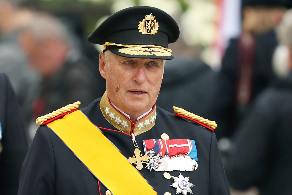 FILE - King Harald V of Norway leaves the Notre Dame cathedral after attending at the funeral of the Grand Duke Jean of Luxembourg, in Luxembourg, on May 4, 2019. (AP Photo/Francisco Seco, File)