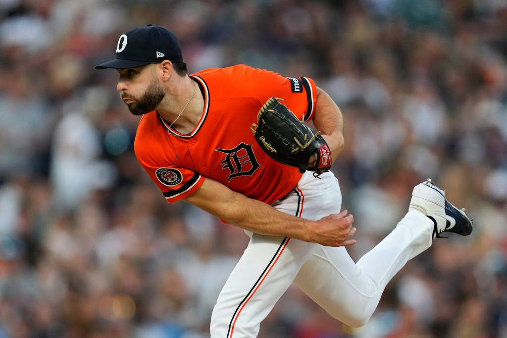 Detroit Tigers pitcher Brenan Hanifee throws against the Kansas City Royals during the eighth inning of a baseball game Friday, July 24, 2026, in Detroit. (AP Photo/Paul Sancya)