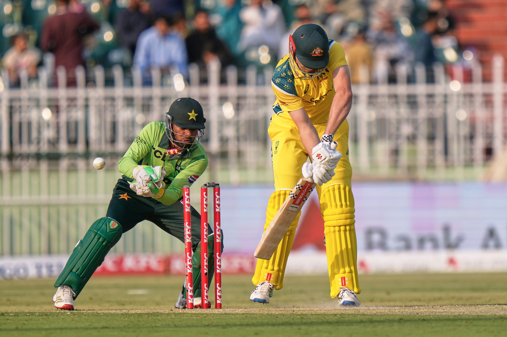 Australia's Cameron Green, right, is bowled by Pakistan's Arafat Minhas during the first One Day International cricket match between Pakistan and Australia, in Rawalpindi, Pakistan, Saturday, May 30, 2026. (AP Photo/Anjum Naveed)
