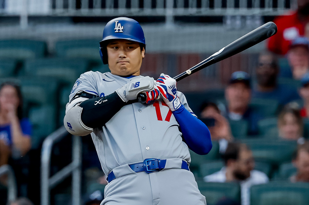 Los Angeles Dodgers designated hitter Shohei Ohtani (17) avoids an inside pitch from Atlanta Braves pitcher Bryce Elder during the second inning of a baseball game, Tuesday, Aug. 25, 2026, in Atlanta. (AP Photo/Erik S. Lesser)