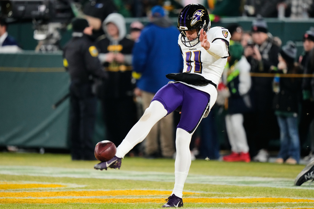 Baltimore Ravens punter Jordan Stout (11) warms up before an NFL football game against the Green Bay Packers, Saturday, Dec. 27, 2025, in Green Bay, Wis. (AP Photo/Morry Gash)