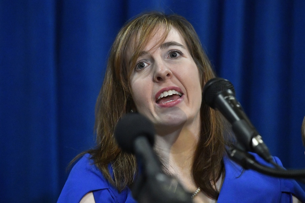 FILE - Kentucky State Auditor Allison Ball speaks to the audience gathered in the Rotunda at the Kentucky State Capitol for the swearing-in ceremony of the Constitutional Officers in Frankfort, Ky., Jan. 2, 2024. (AP Photo/Timothy D. Easley, File)