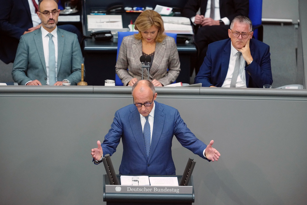 German Chancellor Friedrich Merz participates in the general debate as part of the budget deliberations in the Bundestag, in Berlin, Wednesday Sept. 9, 2026. (Kay Nietfeld/dpa via AP)
