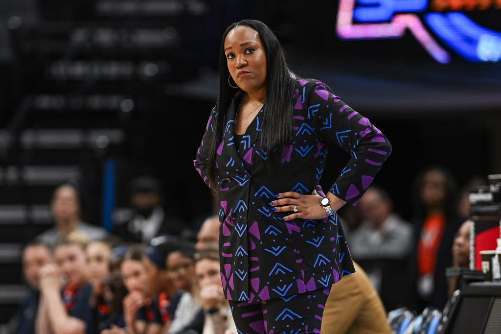 Virginia head coach Amaka Agugua-Hamilton looks on during the second half against TCU in the Sweet 16 of the NCAA college basketball tournament Saturday, March 28, 2026, in Sacramento, Calif. (AP Photo/Justine Willard)