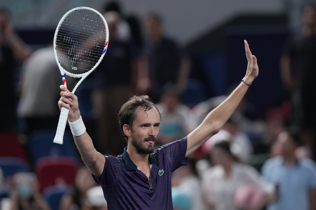 Daniil Medvedev of Russia celebrates after defeating Alex De Minaur of Australia in their men's singles quarterfinal match of the Shanghai Masters tennis tournament at Qizhong Forest Sports City Tennis Center, in Shanghai, China, Friday, Oct. 10, 2025. (AP Photo/Andy Wong)