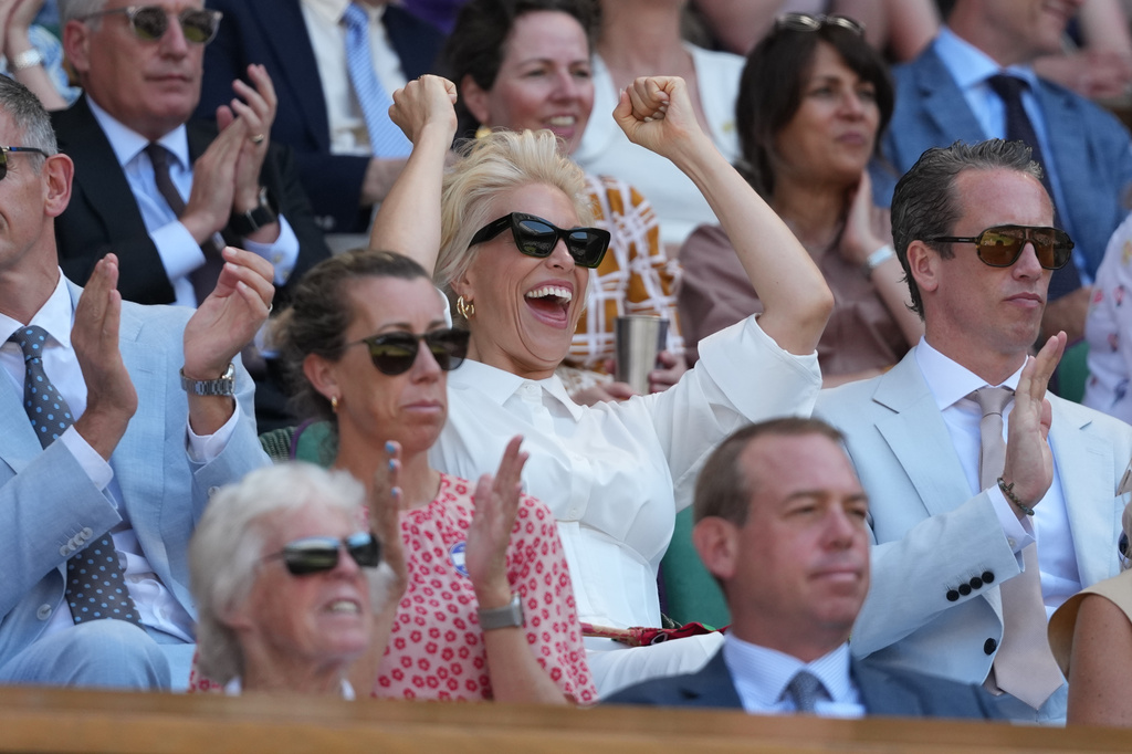 Actress Hannah Waddingham reacts in the royal box on day 13 of the Wimbledon Tennis Championships in London, Saturday, July 11, 2026. (AP Photo/Kirsty Wigglesworth)