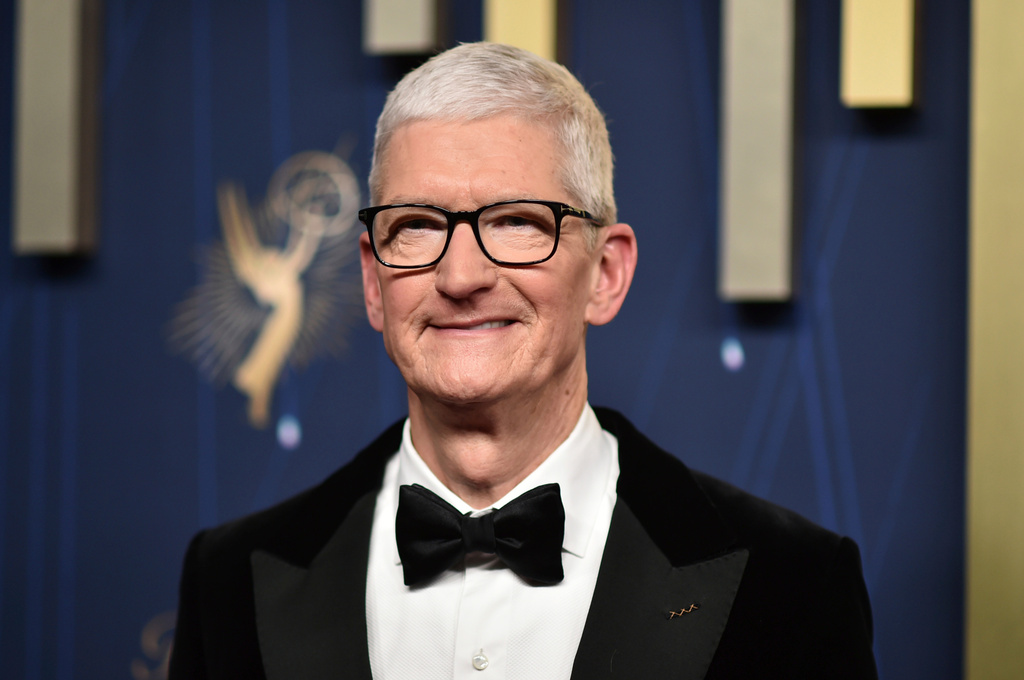 FILE - Tim Cook arrives at the 77th Primetime Emmy Awards on Sunday, Sept. 14, 2025, at the Peacock Theater in Los Angeles. (Photo by Richard Shotwell/Invision/AP, File)