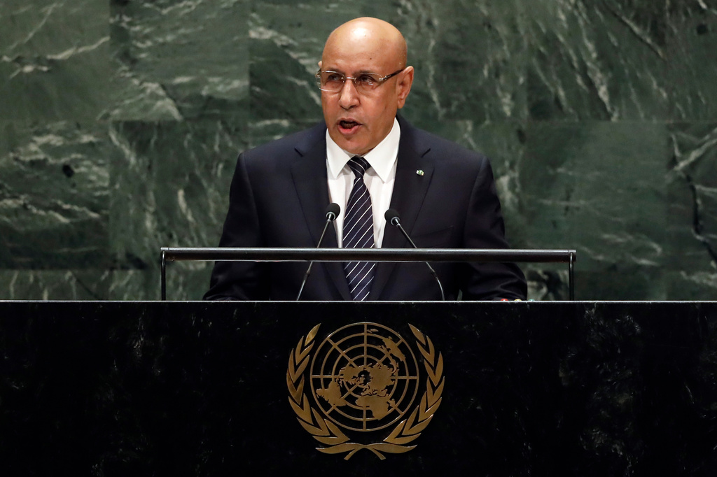 FILE - President Mohamed Ould Ghazouani of Mauritania addresses the 74th session of the United Nations General Assembly, Sept. 25, 2019. (AP Photo/Richard Drew, File)