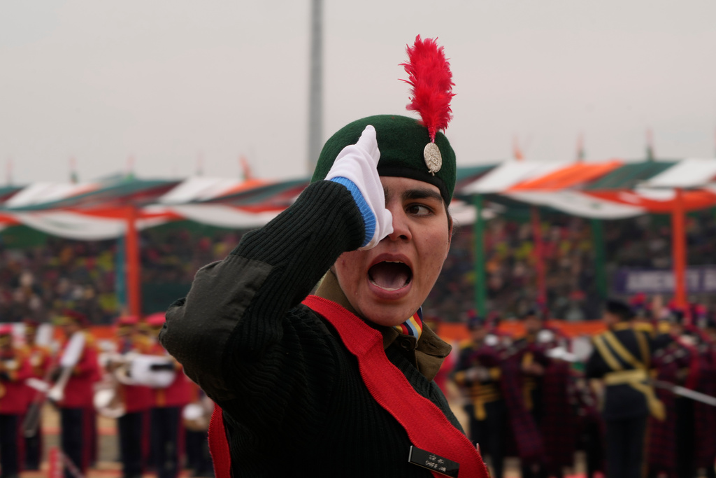 A cadet of the National Cadet Corps (NCC) shouts as she salute during the India's Republic Day parade in Srinagar, Indian controlled Kashmir, Monday, Jan. 26, 2026. (AP Photo/Mukhtar Khan)