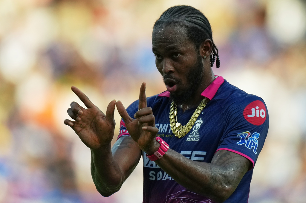 Rajasthan Royals' Jofra Archer gestures during the Indian Premier League cricket match between Mumbai Indians and Rajasthan Royals in Mumbai, India, Sunday, May 24, 2026. (AP Photo/Ajit Solanki)