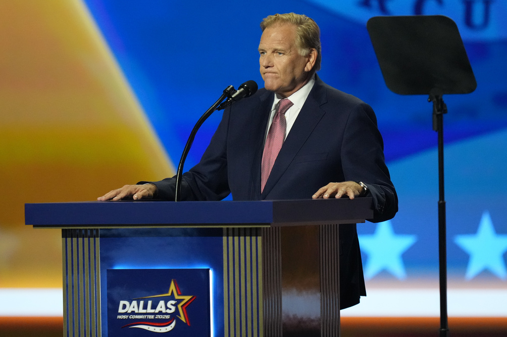 Mike Rogers, Michigan U.S. Senate candidate, speaks at the Republican convention Thursday, Sept. 10, 2026, in Dallas. (AP Photo/Alex Brandon)