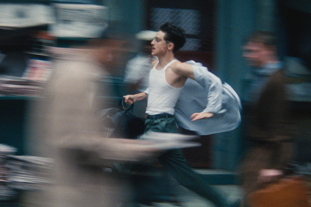 This image released by A24 shows Timothée Chalamet in a scene from "Marty Supreme." (A24 via AP)