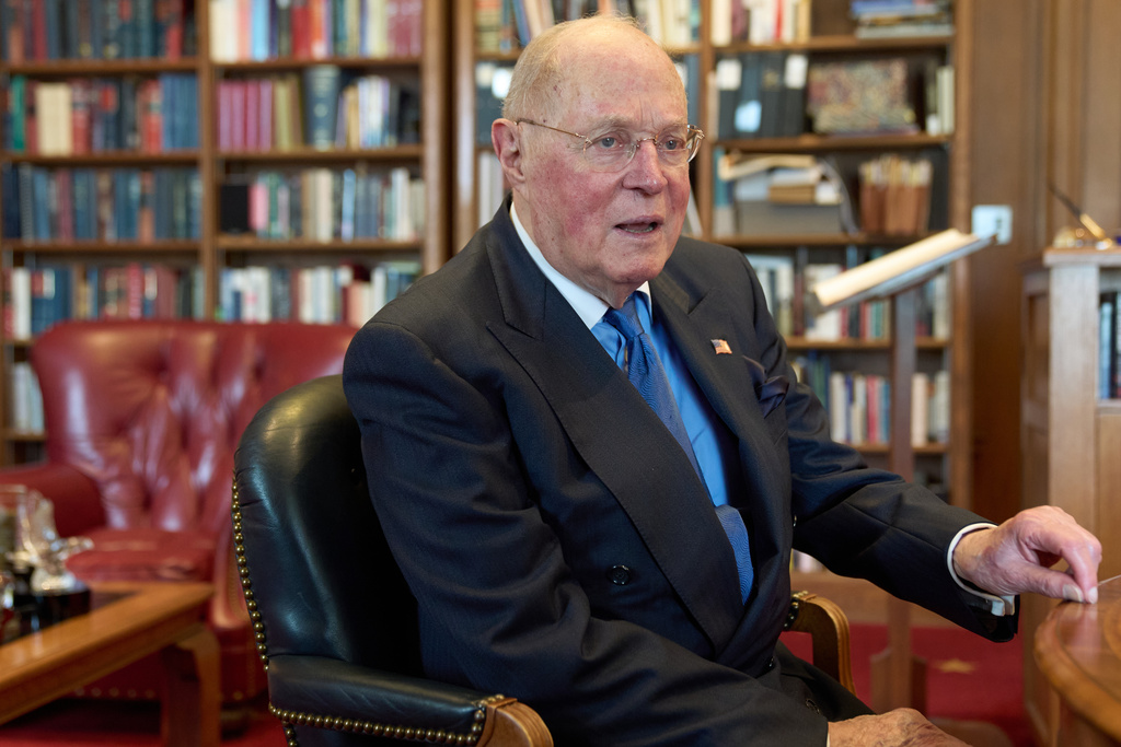 Retired Supreme Court Justice Anthony Kennedy, 88, sits down for an interview with The Associated Press, Wednesday, Oct. 8, 2025, in his office at the Supreme Court in Washington. (AP Photo/Jacquelyn Martin)