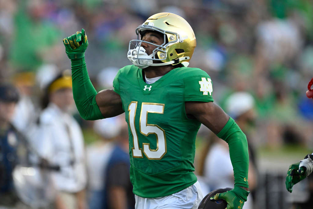 Notre Dame's Leonard Moore celebrates after making an interception during the fourth quarter of an NCAA college football game against Boise State, Saturday, Oct. 4, 2025, in South Bend, Ind. (AP Photo/Paul Beaty)