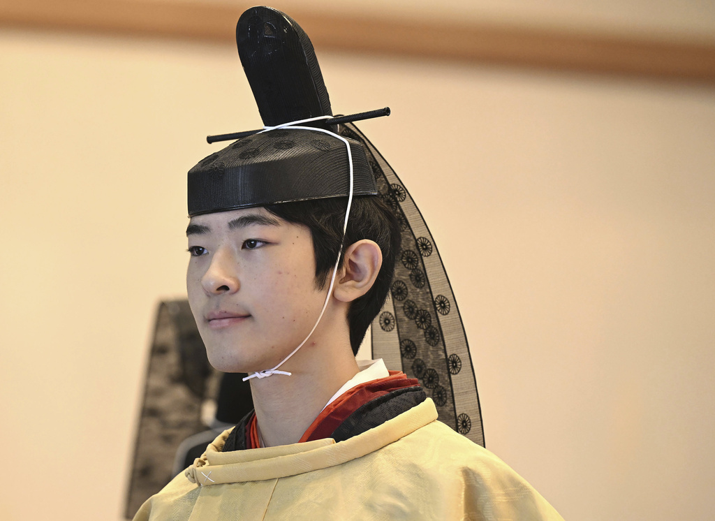 Japanese Prince Hisahito is seen in ceremonial attire during his coming-of-age rites in the Imperial Palace on his 19th birthday in Tokyo on Saturday, Sept. 6, 2025. (Kyodo News via AP)