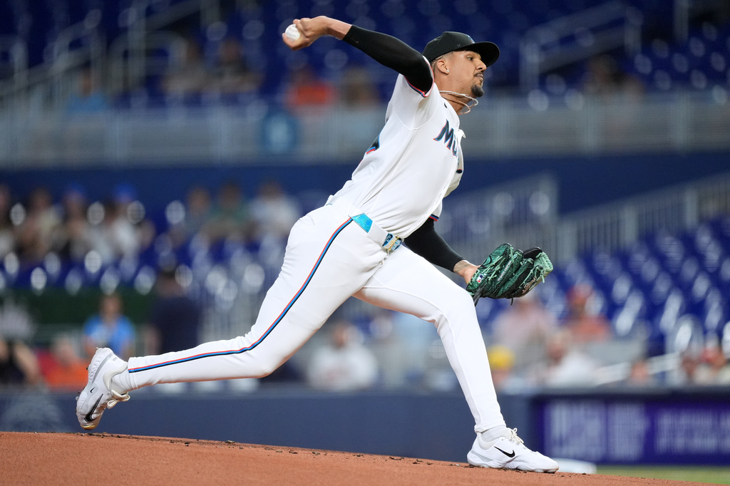 Miami Marlins starting pitcher Eury Perez pitches during the first inning of a baseball game against the Baltimore Orioles, Wednesday, May 6, 2026, in Miami. (AP Photo/Rebecca Blackwell)