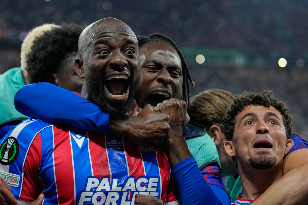 Crystal Palace's Jean-Philippe Mateta celebrates after scoring during the Europa Conference League final soccer match between Crystal Palace and Rayo Vallecano in Leipzig, Germany, Wednesday, May 27, 2026. (AP Photo/Ebrahim Noroozi)