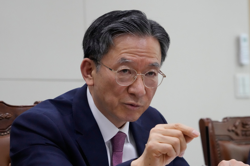 South Korean Justice Minister Jung Sung-ho speaks during a roundtable interview at the Justice Ministry in Gwacheon, South Korea, Thursday, April 9, 2026. (AP Photo/Ahn Young-joon)