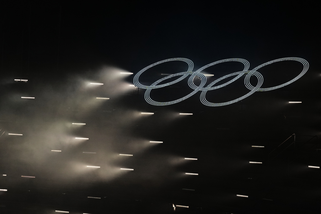 The Olympic rings stand out during the closing ceremony of the 2026 Winter Olympics, in Verona, Italy, Sunday, Feb. 22, 2026. (AP Photo/Antonio Calanni)