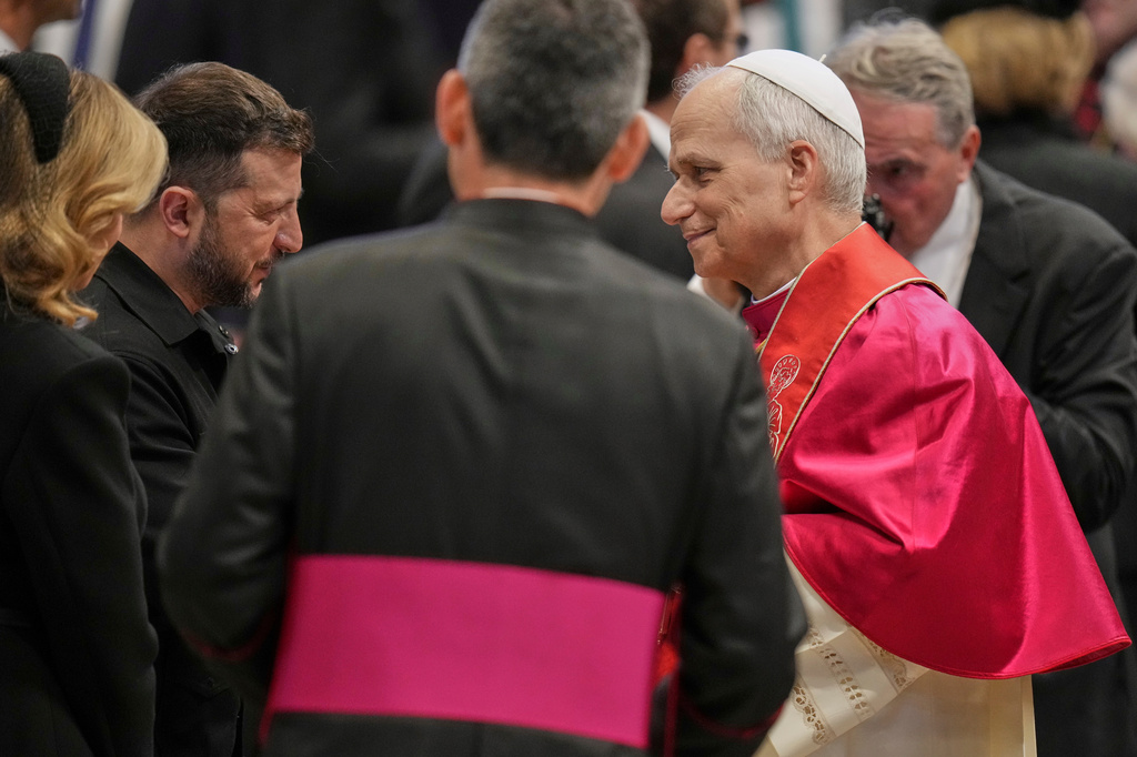 FILE - Pope Leo XIV meets Ukraine's President Volodymyr Zelenskyy after the formal inauguration of his pontificate in St. Peter's Square, at the Vatican, May 18, 2025. (AP Photo/Alessandra Tarantino, File)