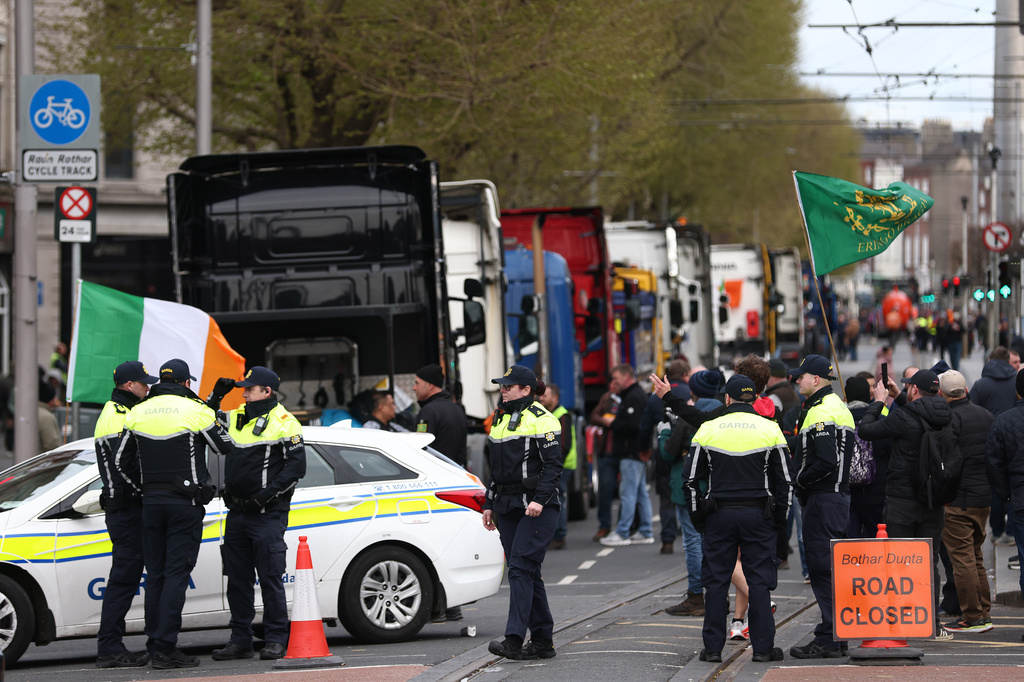 Tractors block O'Connell Street on the fifth day of the National Fuel Protest, in Dublin, Ireland, Saturday, April 11, 2026. (AP Photo/Peter Morrison)