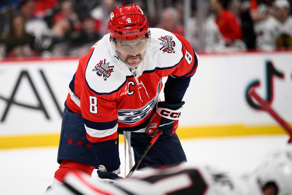 Washington Capitals left wing Alex Ovechkin (8) looks on during the first period of an NHL hockey game against the Chicago Blackhawks, Saturday, Jan. 3, 2026, in Washington. (AP Photo/Nick Wass)