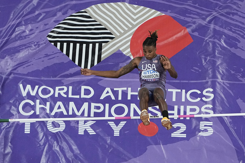United States' Juvaughn Harrison makes an attempt during the men's high jump qualification at the World Athletics Championships in Tokyo, Sunday, Sept. 14, 2025. (AP Photo/Bernat Armangue)