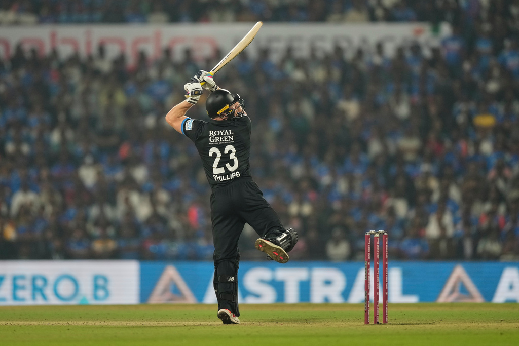New Zealand's Glenn Phillips bats during the first T20 cricket match between India and New Zealand in Nagpur, India, Wednesday, Jan. 21, 2026. (AP Photo/Mahesh Kumar A.)