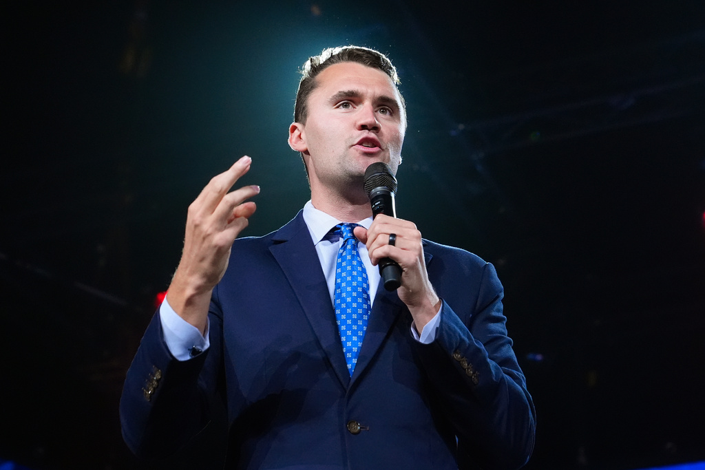FILE - Turning Point USA Founder Charlie Kirk speaks at a Turning Point event prior to Republican vice presidential nominee Sen. JD Vance, R-Ohio, speaking, Sept. 4, 2024, in Mesa, Ariz. (AP Photo/Ross D. Franklin, File)