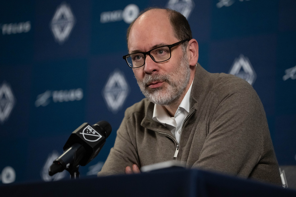 Vancouver Whitecaps CEO and sporting director Axel Schuster speaks during a season end news conference in Vancouver, British Columbia, Monday, Dec. 8, 2025. (Ethan Cairns/The Canadian Press via AP)