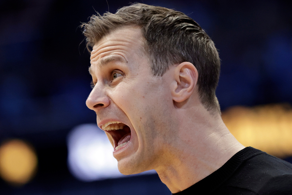 Duke head coach Jon Scheyer yells instructions to the team during the first half in an NCAA college basketball game against North Carolina, Saturday, Feb. 7, 2026, in Chapel Hill, N.C. (AP Photo/Chris Seward)