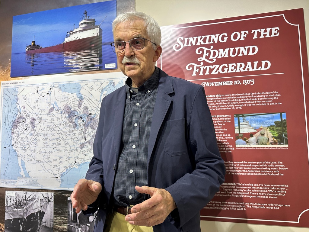 Frederick Stonehouse, whose 1977 book "The Wreck of the Edmund Fitzgerald" was the first written on the famous ship, discusses the impact of the disaster 50 years later on Oct. 25, 2025, in Marquette, Mich. (AP Photo/Scott Bauer)