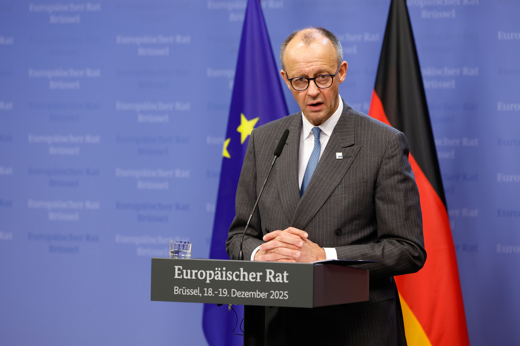 Germany's Chancellor Friedrich Merz speaks during a media conference at the EU Summit in Brussels, Friday, Dec. 19, 2025. (AP Photo/Geert Vanden Wijngaert)