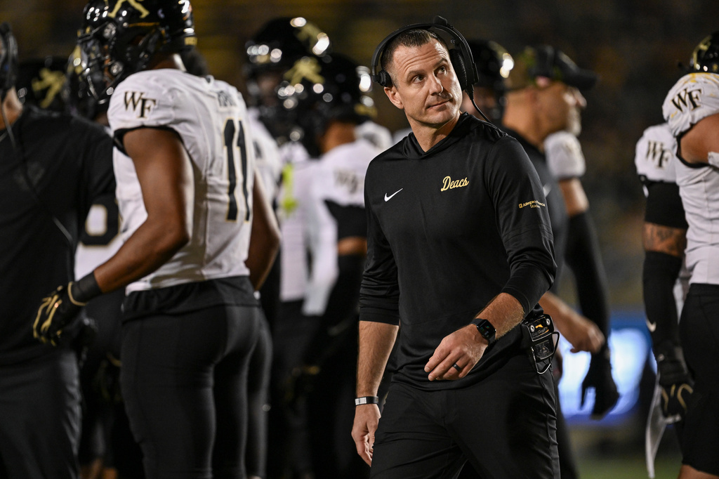 Wake Forest head coach Jake Dickert looks on during the first half of an NCAA college football game against California, in Berkeley, Calif., Saturday, Oct. 17, 2026 (AP Photo/Justine Willard)