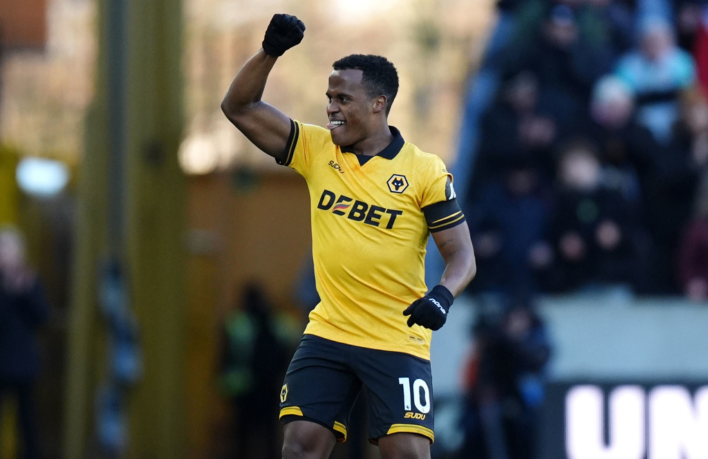 Wolverhampton Wanderers' Jhon Arias celebrates after scoring the opening goal during the English Premier League soccer match between Wolverhampton Wanderers and West Ham United in Wolverhampton, England, Saturday, Jan. 3, 2026. (Nigel French/PA via AP)
