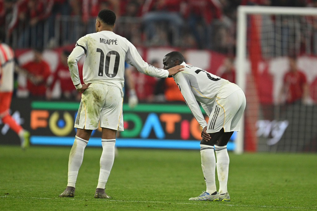 Real Madrid's Kylian Mbappe reacts at the end of the Champions League quarterfinal second leg soccer match between Bayern Munich and Real Madrid in Munich, Germany, Wednesday, April 15, 2026. (AP Photo/Lennart Preiss)