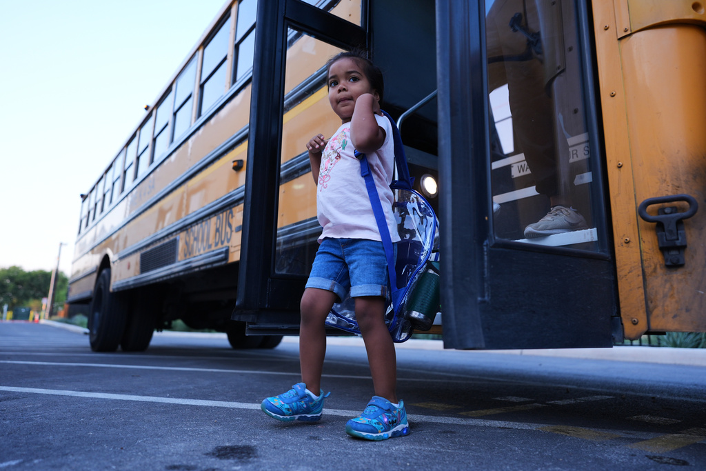 Pre-K 4 SA students arrive by school bus, Oct. 9, 2025, in San Antonio. (AP Photo/Eric Gay)