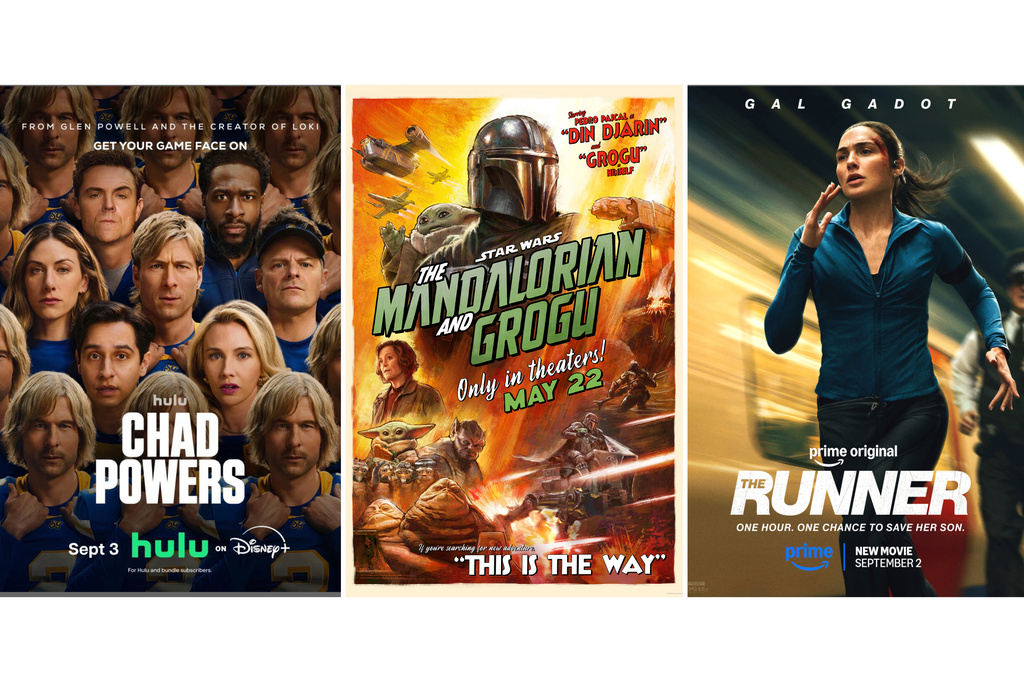 This combination of images shows promotional art for the series "Chad Powers," from left, and the films "Star Wars: The Mandalorian and Grogu," and "The Runner." (Hulu/Disney/Prime via AP)