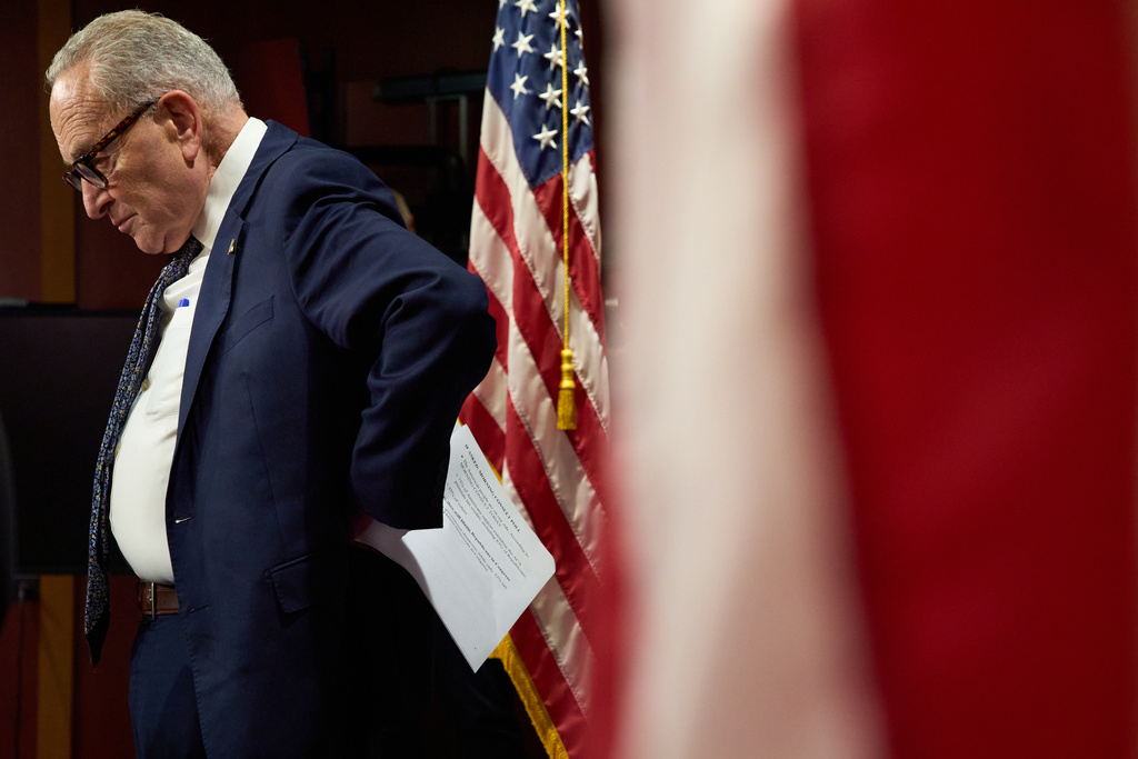 Senate Minority Leader Chuck Schumer, D-N.Y., attends a news conference about the government shutdown, Tuesday, Sept. 30, 2025, on Capitol Hill, in Washington. (AP Photo/Jacquelyn Martin)