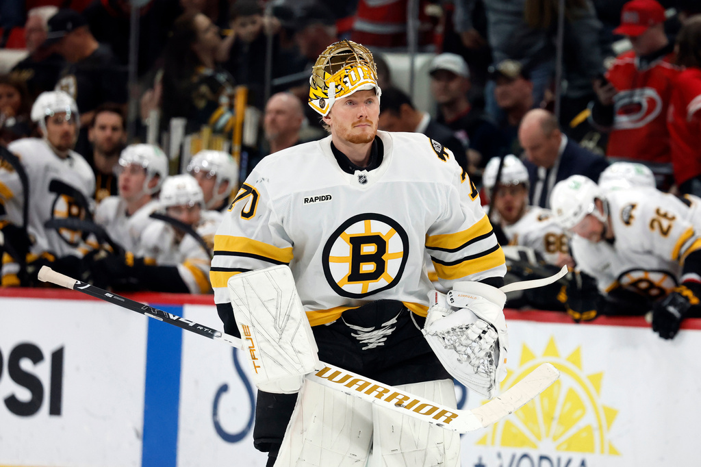 FILE - Boston Bruins goaltender Joonas Korpisalo (70) replaces starting goalie against the Carolina Hurricanes during the second period of an NHL hockey game in Raleigh, N.C., April 7, 2026. (AP Photo/Karl DeBlaker, File)