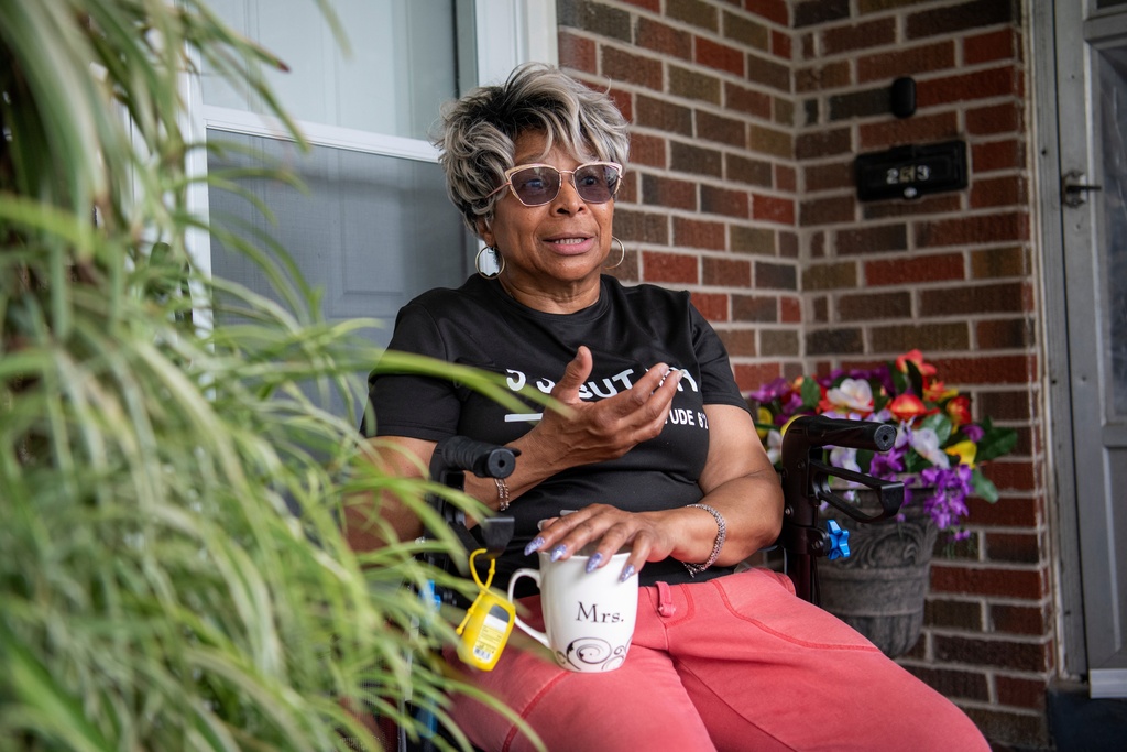 Yvette Lyles talks about her years-long struggles with flooding in Cahokia Heights, Ill., May 15, 2025. (AP Photo/Michael Phillis)
