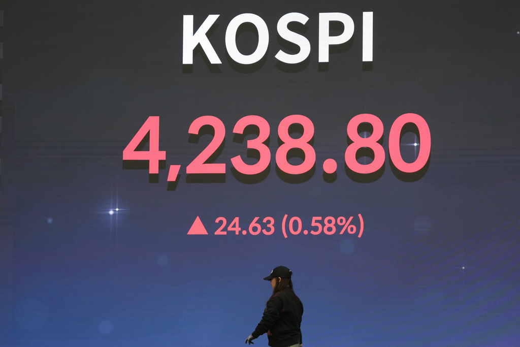 A worker walks near a screen showing the Korea Composite Stock Price Index (KOSPI) after the opening ceremony of the 2026 trading year at the Korea Exchange in Seoul, South Korea, Friday, Jan. 2, 2026. (AP Photo/Lee Jin-man)